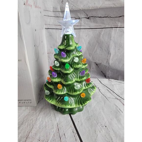 Christmas Is Forever Ceramic Green Light Up Christmas Tree 7.5in Multicolor Read - Picture 2 of 12